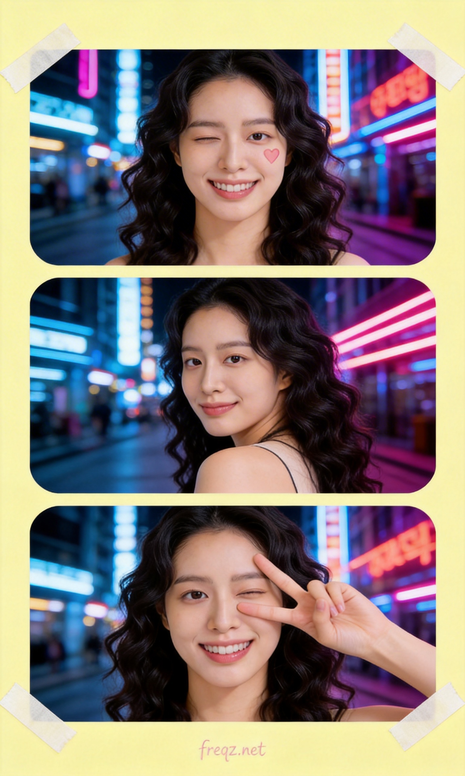 バターイエロー・センターポーズ・弘大ナイトなどの設定でのFreqz AI三連コラージュ例