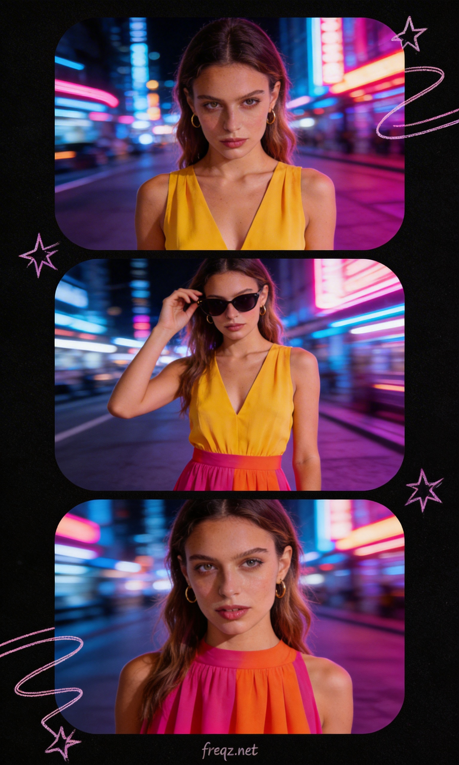 シックブラック・ストリートクール・弘大ナイト・キッチュドゥードルでのFreqz AI三連コラージュ例